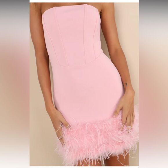 Lulu’s Fabulous Delight Light Pink Strapless Bustier Feather Mini Dress M Nwt - Picture 4 of 8